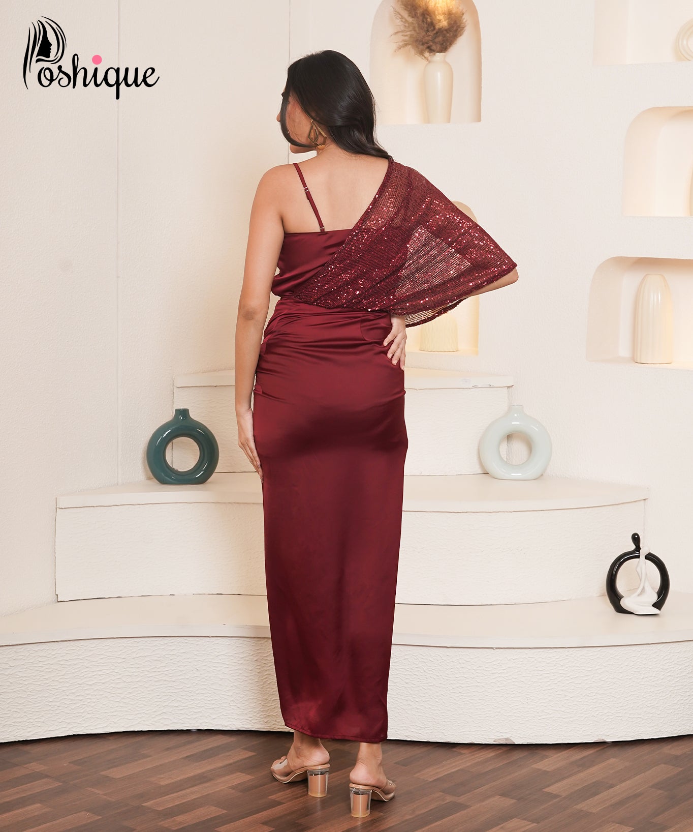 Poshique Wine Red Sequined Drape Gown